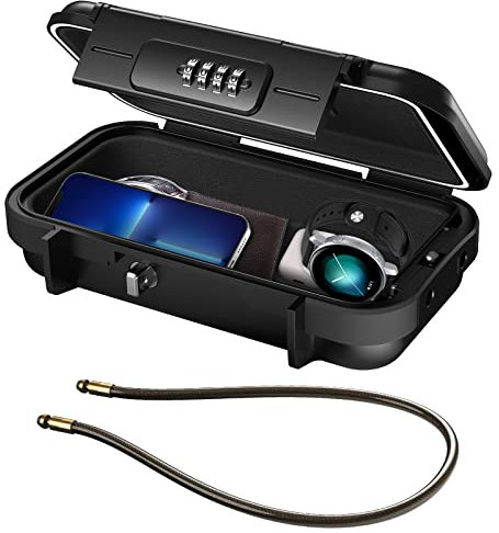 LOFICOPER Cassetta di sicurezza portatile con serratura a 4 cifre, cassaforte da spiaggia con catena rimovibile, design impermeabile, per sport, spiaggia, viaggi, colore nero