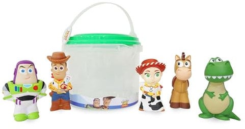 Disney Store Official - Toy Story - Badespielzeugset - 5 Teile - Mit Buzz Lightyear, Woody, Jessie, Bully und Rex - Eimer mit Siebdeckel - Spielzeug für Bad oder Planschbecken - Ab 6 Monaten