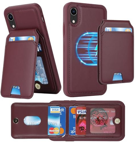ELTEKER Hülle für iPhone XR Handyhülle mit Kartenfach Magsafe Wallet Magnetischer Kartenhalter Handy kreditkartenetui mit Ständer,Leder Klapphülle Schutzhülle für iPhone XR-Weinrot
