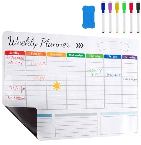 XTDMJ A3 Magnetic Weekly Planner with 6 Whiteboard Markers and Sponge, Weekly Planner Wipe Clean for Household, Shopping List, Food and Fitness Planning
