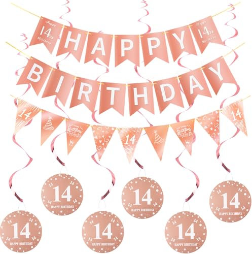 Happy 14th Birthday Banner +Dreiecksflaggen Happy Birthday Girlanden+ 14 Geburtstag Hängedeko Spiralen Set, Rosegold 14.Geburtstag deko für Mädchen,14. Mädchen Hängedeko Deckenhänger