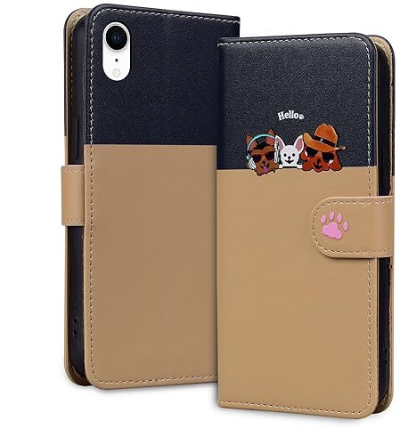 Tiyoo Lovely & Cute Flip Wallet Phone Case for iphone XR with Cartoon Cat&Dog Pattern,Premium Magnetic PU+TPU Leather for high protection phone cover for iphoneXR(Khaki)