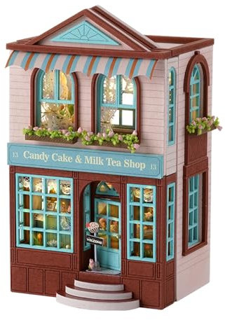 CUTEROOM Miniature House Kit, Wooden Doll House Kit Mini House Making Kit with Furnitures and LED Light, DIY House Kit for Adults Birthday Gift for Women and Girls (Candy Cake)