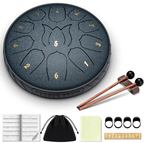 CAHAYA Steel Tongue Drum 11Notes - 6 Inch D KeySteel Hand Drum with Music Book, Mallets, Finger picks and Carry Bag Dark Blue CY00373-1