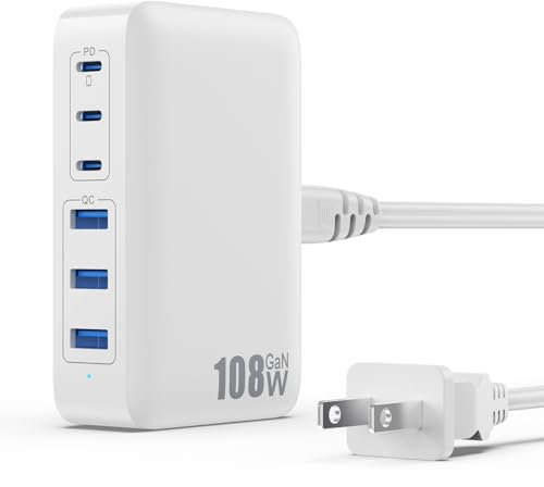 USB C Charger 108W USB C Charger Block,Upgraded GaN III 6-Port Fast USB Charging Station Hub,3xQC+3xPD3.0 Phone Charger Adapter Compatible with iPhone 15/14/13/12/X,Android Samsung,iPad Tablets-White