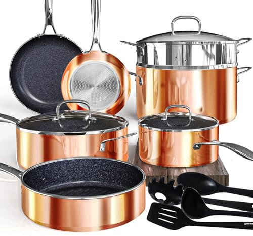 Deluxe DUXANO - 14 pentole e padelle sane con rivestimento antigraffio 9H, 2 strati in ceramica antiaderente e senza PFAS, cottura a induzione sensibile e uniforme, sapore migliorato con pentole a
