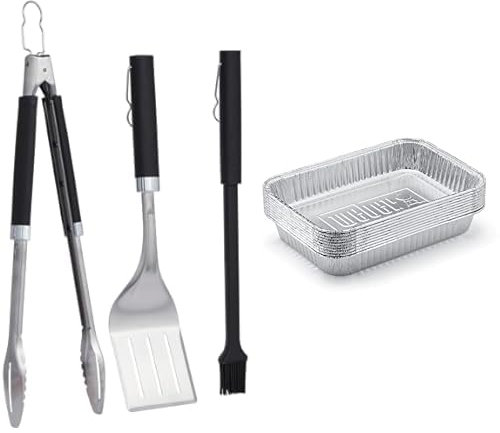 Weber Premium BBQ Tools Set - 3 Pcs | Stainless Steel Tongs, Spatula & Baster for Barbeque Cooking | BBQ Metal Utensils BBQ Accessories for Outdoor Cooking & Grilling - Silver (6764)