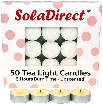 8 Hour Tealights Pack of 50 - Long Burn White Unscented Smokeless Tea Light Candles 38 mm x 25 mm - Bulk Wedding Party Catering Home Table Decor - Clean-Burning Wax - Indoor Outdoor Use