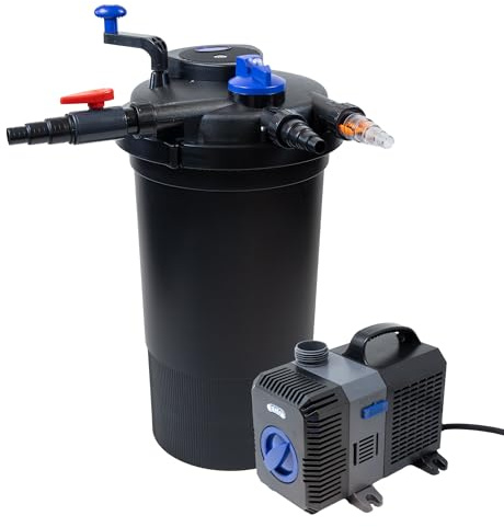 VIALIA Teich Filteranlage Set 4, Druckfilter CPF-15000 mit 18W UVC | Für Teiche bis 30.000L, Inkl. Pumpe CTP-5800 (5200L/h) & 10m Schlauch, Einfache Reinigung durch Rückspülfunktion