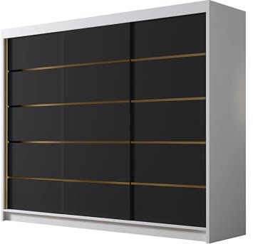 Mirjan24 Kleiderschrank mit Goldverzierung Aramao VII 250 cm Breit, Garderobenschrank, Schlafzimmerschrank mit Kleiderstange und Einlegeböden für Kleidung (Weiß/Schwarz)