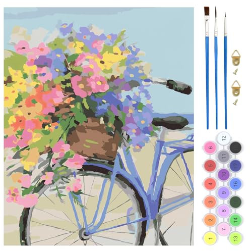 QENSPE Malen nach Zahlen Blume für Erwachsene, DIY Farbe Ölgemälde Malen nach Zahlen Set für Anfänger – Farbe Leinen Leinwand mit Acrylfarbe und 3 Pinsel, Haus Wand Deko 40x50cm - Fahrrad