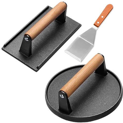 VenxyKod Smash Burger Press, Blackstone Hamburger Patty Maker Heavy Duty Cast Iron Grill Press Wooden Handle Press Grill Sandwich Maker, Bacon, Steak(Round and Rectangular)