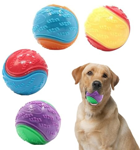 AUTUUCKEE Squeaky Dog Balls, 4 Pcs, Durable Dog Toy Balls, Teeth Cleaning, Anxiety Relief, Interactive Play, Adult Dogs, All Breed Sizes