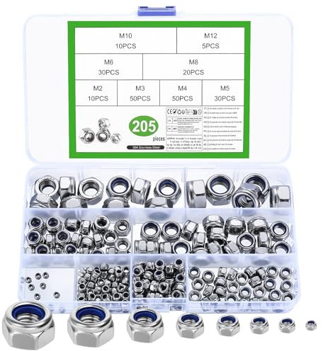 Juego de 205 tuercas hexagonales, surtido de tuercas autoblocantes, tuercas de seguridad, tuercas hexagonales de acero al carbono, insertos roscados – M2 M3 M4 M5 M6 M8 M10 M12