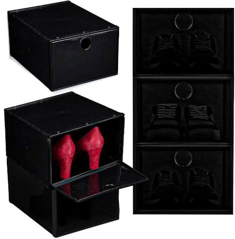 Murago - 6er Set Schuhboxen Kunststoff Schwarz - für Schuhe bis Größe 46 stapelbar Organizer mit Deckel plastik blickdicht Schuhkasten