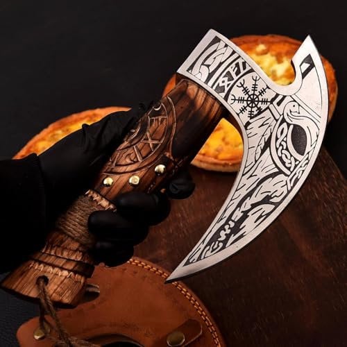 TATLA CRAFT Handmade Viking Pizza Cutter Axe Carbon Steel Slicer Chef Viking Axe with Leather Cover - Premium Pizza Oven Accessories Ulu Rocking Pizza Gifts for Men (Engraved Ash Wood Handle)