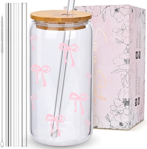 BIPEDS Coquette Cute Pink Bow Glass Cups with Lids and Straws, Aesthetic Iced Coffee Cup, Girly Preppy Design Tumbler Mug, Birthday Valentines Christmas Gifts for Women, Teen Girl Gifts Trendy Stuff