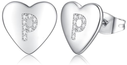 Ohrringe Silber 925 Ohrstecker Silber 925 für Damen Mädchen Kinder, Klein Herz Ohrringe Silber Buchstaben Ohrstecker mit Zirkonia, Schlafen Knorpel Ohrstecker 10mm (silber-P)