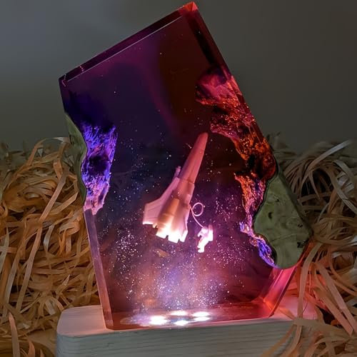 Drawelry 3D Weltraum Harz Nachtlicht Ornamente mit Holz Sockel LED Nacht Lampe Dekoration Astronaut Rakete Epoxidlampe Tischlampe Heim Büro Deko Geburtstag Geschenk für Familie, Freunde (C8)