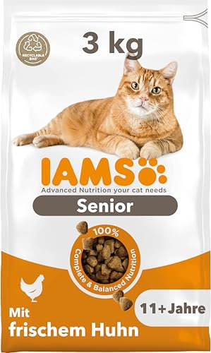 IAMS Senior Katzenfutter trocken mit Huhn - Trockenfutter für ältere Katzen ab 11 Jahren, 3 kg