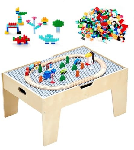 VEVOR Aktivitätstisch, 290 Bausteine und 30-teiliges Holzeisenbahn-Set, Eisenbahn, Fahrzeuge, Gleise und Zubehör, Holz-Spieltisch für Kinder mit Ablagefläche für Kinder ab 3 Jahren