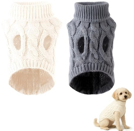 2PCS Dog Jumpers, Dog Jumper, Cozy Knit Sweater for Puppies and Small Breeds, Warm Winter Clothes with Turtleneck（White+Dark Grey)