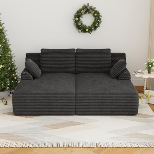 Benevika 77.8 Chaise Lounge Chair Sofa Bed, Oversized Double Lounge Chair, Black Corduroy Cloud Couch, Sleeper Sofa for Living Room, Bedroom, No Assembly Required