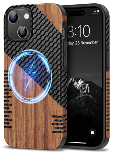 TENDLIN Magnetische Schutzhülle Kompatibel mit iPhone 15 Hülle Holz und Carbon Textur Design Leder Hybrid Handyhülle (Kompatibel mit MagSafe) Twill