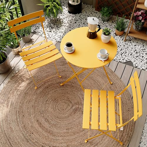 KamerOut 3-teiliges Gartenmöbel Set Faltbarer Bistrotisch mit 2 Stühlen aus Stahl mit Premium Rahmen für Terrasse Garten Balkon und Poolbereich (Gelb)