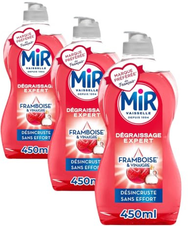 Mir Vaisselle - Vinaigre & Framboise - Dégraissage Expert - Efficace à Froid - Vinaigre Blanc - Sans Conservateurs - Sans Allergènes Parfum - Marque Préférée des Français - Bouteille de 450 ml