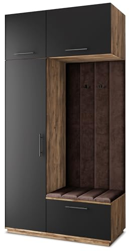 Masseno Flugarderoben Set Rema, Kleiderschrank-Set mit Sitzbank, Garderobenschrank Flur mit 5 Regalböden, Eiche Lefkas/Schwarz