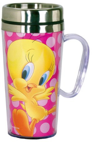Spoontiques - Insulated Travel Mug - Tweety Bird Coffee Cup - Coffee Lovers Gift - Funny Coffee Mug - 14 oz – Pink