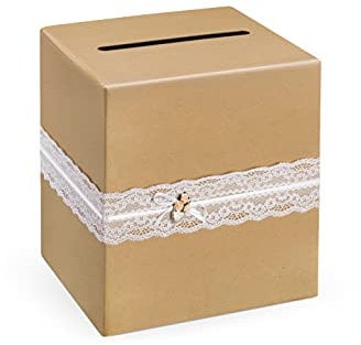 Hochzeits-Box Vintage, in Braun, mit Band, Röschen in Rosa und silbernem Herz, 24 x 24 x 24 cm