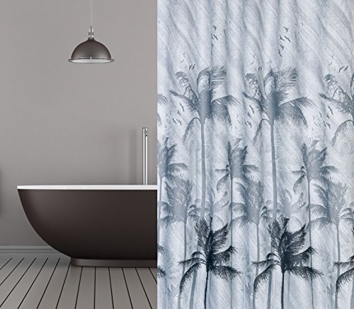 KS Handel 24 Textil DUSCHVORHANG PALMEN GRAU SCHWARZ 240x180 cm HELLGRAU INKL. DUSCHVORHANGRINGE! Shower Curtain Palm Black Grey