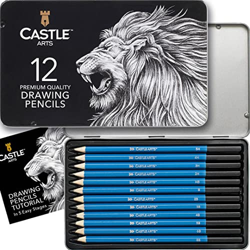 Castle Art Supplies 12 Piece Graphite Drawing Pencils Set for Adults | For beginner to advanced adult artists - compact, sturdy, attractive metal case with tutorial included, easy to carry