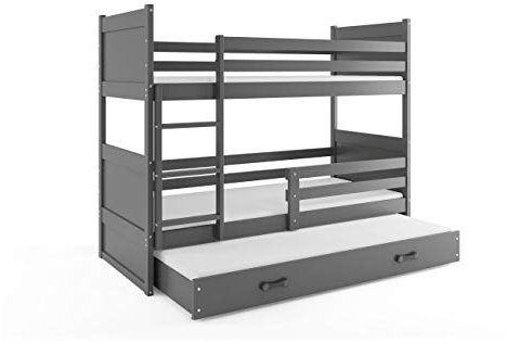 Interbeds Etagenbett Hochbett RICO 3 (für DREI Kinder) 90x200cm Farbe: Grau + 2. Farbe zur Wahl; Kinderbett mit Lattenroste und Matratzen (GRAU)