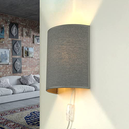 Wandlampe mit Stecker und Schalter, Nachttischlampe Wand, Stoff, Grau, Schlafzimmer, Wohnzimmer, blendarm, T:9,5 cm, E27, indirektes Licht, halbrund, Wandleuchte Innen, ALICE