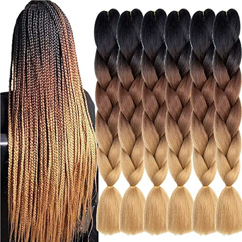 Braids Extensions Braun 24 Zoll 6packs kanekalon kunsthaar Schwarz Braun Jumbo zöpfe Haarverlängerung kunsthaar zum einflechten Braun Zöpf Box braids Crochet haar (Schwarz-Dunkelbraun-Hellbraun)