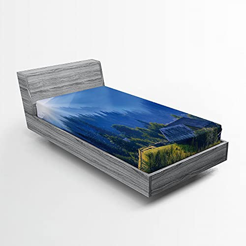 ABAKUHAUS Rustikal Spannbetttuch, Mountain Village Ukraine, Soft Dekorativer Stoff Bettwäsche Rund-um Elastischer Gummizug, 90 cm x 200 cm, Grün blau
