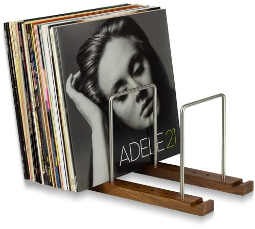 Optage Audio Record Collection Holder | 75 Album Adjustable 2 Section Vinyl LP Storage | Now-Playing Display Stand | Sleek Minimalist Design | Solid Walnut & Stainless Steel | Forward or Side Facing