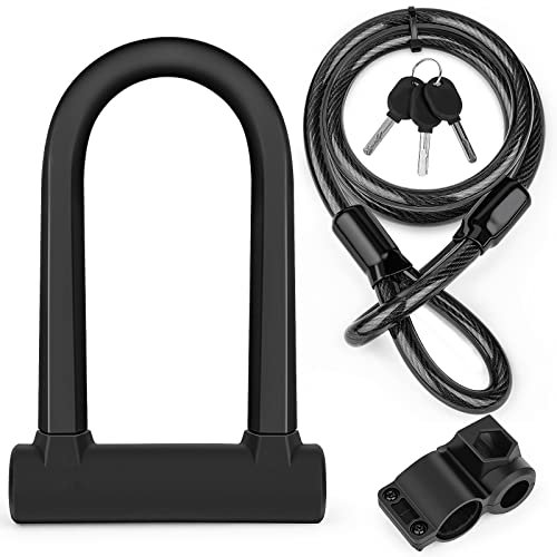 Bike U Lock, Heavy Duty Shackle D Lock with 3 Keys, 1.2m Flex Steel Cable and Mounting Bracket