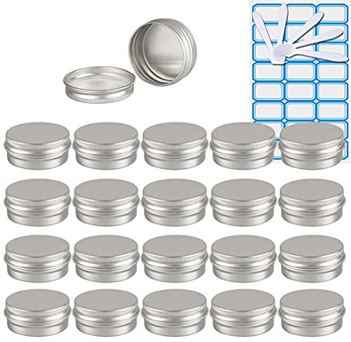 ZEOABSY 30 Pièces 15ml Pots en Aluminium Vide Rond Argent Petit Cosmétiques Pot Conteneurs for Fait Main Bougies Crème Baume Voyage, 5X Spatule, 2X Étiquettes