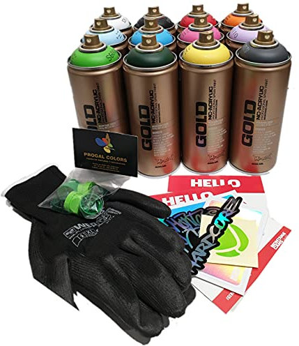 Montana CANS GOLD 12 Farben SPRAY Dose (12x Gold 400ml + 1x Handschuhe + 6x Diffusoren + MTN, CANS Geschenkaufkleber) Starter Graffiti Kit Farbspray von Muralism