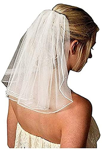 CICILIAYA Brautschleier, Schleier kurz Perlenschleier Elegante Braut Tüll mit Kamm Hochzeitsschleier Hochzeit Kurzer Schleier für JGA Junggesellinnenabschied Hochzeit Zubehör Schleier (Ivory)