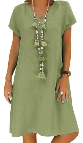 Sommerkleid Damen Leinen Kleider Casual V-Ausschnitt Midikleid Kurzarm A-Linie Kleid Strandkleid Ohne Zubehör (A Grün, L)