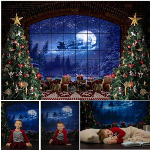 WaW 2.7x1.8m Fotografie Hintergrund Weihnachten Vintage Fenster Winter Fantasy Nacht Schnee Wald Fotohintergrund für Fotostudios, Kinder Shooting,Fotowand