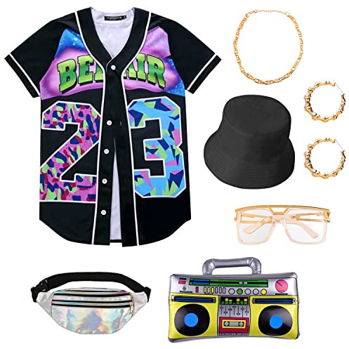PLULON 80er 90er Outfit Hip Hop Damen Kostüm-Set Hip Hop Baseball Trikot Kleidung mit Gürteltasche Hut Goldkette Ohrringen Sonnenbrille Boombox Rapper Accessoires für Party