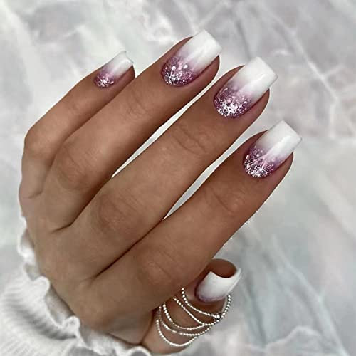 Agasar 24pcs Square False Nails Short Stick on Nails Glitter Purple White Tip Press on Nails Removable Glue-on Nails Fake Nails Women Girls Nail Art Accessories,Pack of 24