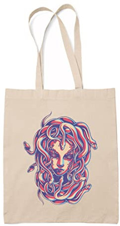 Maikomanija Medusa Einkaufstasche mit Schlangenhaar, griechische Mythologie, umweltfreundlich, wiederverwendbar, Baumwollleinen, waschbar, Schultertasche, Einkaufstasche, natur, Einheitsgröße