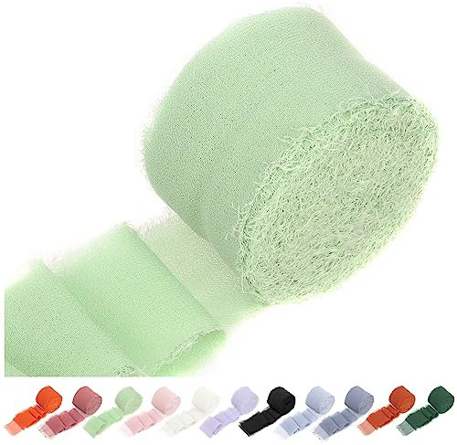 Swpeet 1 rouleau de ruban en mousseline de soie à franges fait à la main - Vert clair - Environ 1,5 x 11 yard - Ruban à franges en tissu - Sable et nude fait à la main - Pour emballage cadeau,